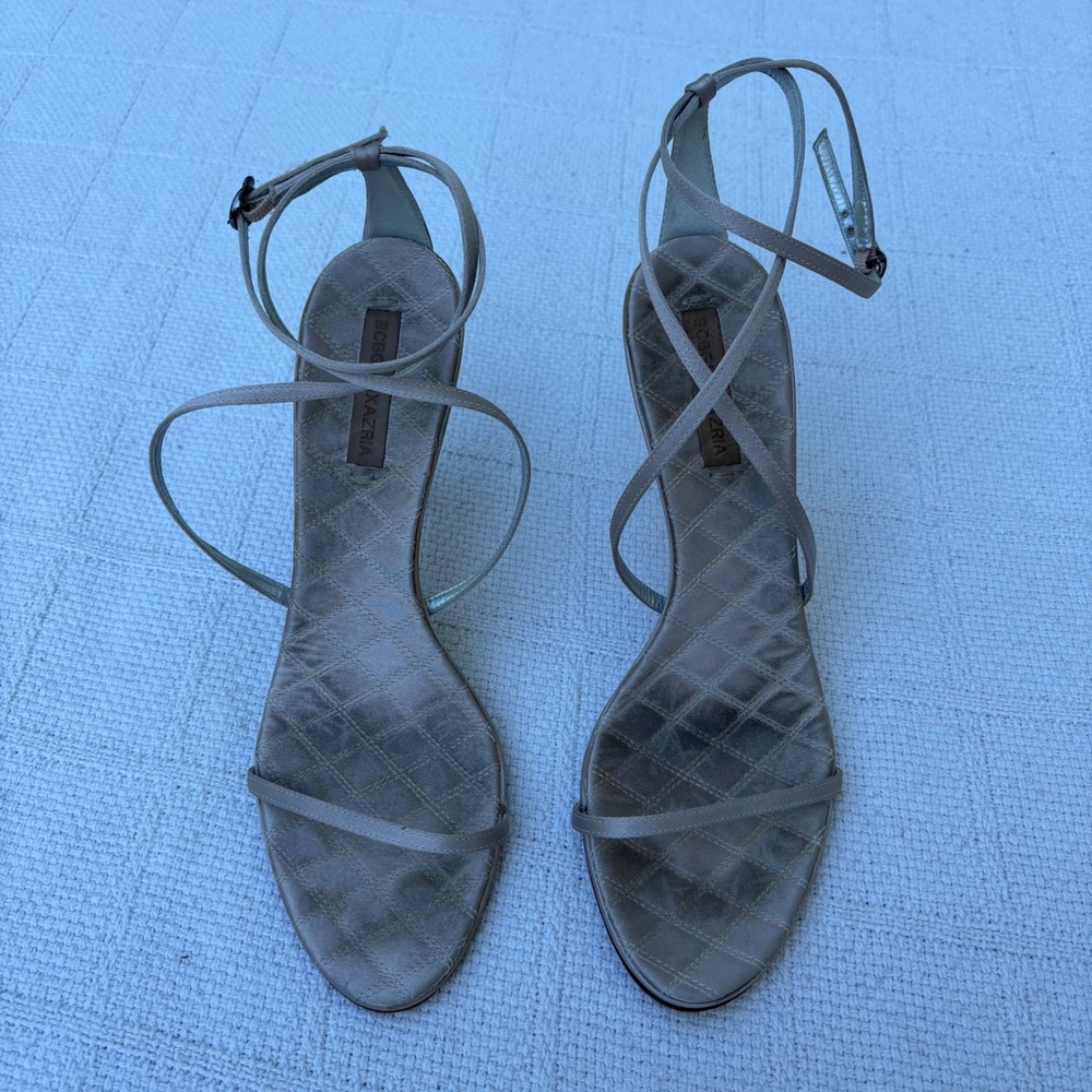 Women's 10 BCBGMAXAZRIA Thin Strappy Taupe Gray Minimalist Stiletto Heels - Picture 2 of 7